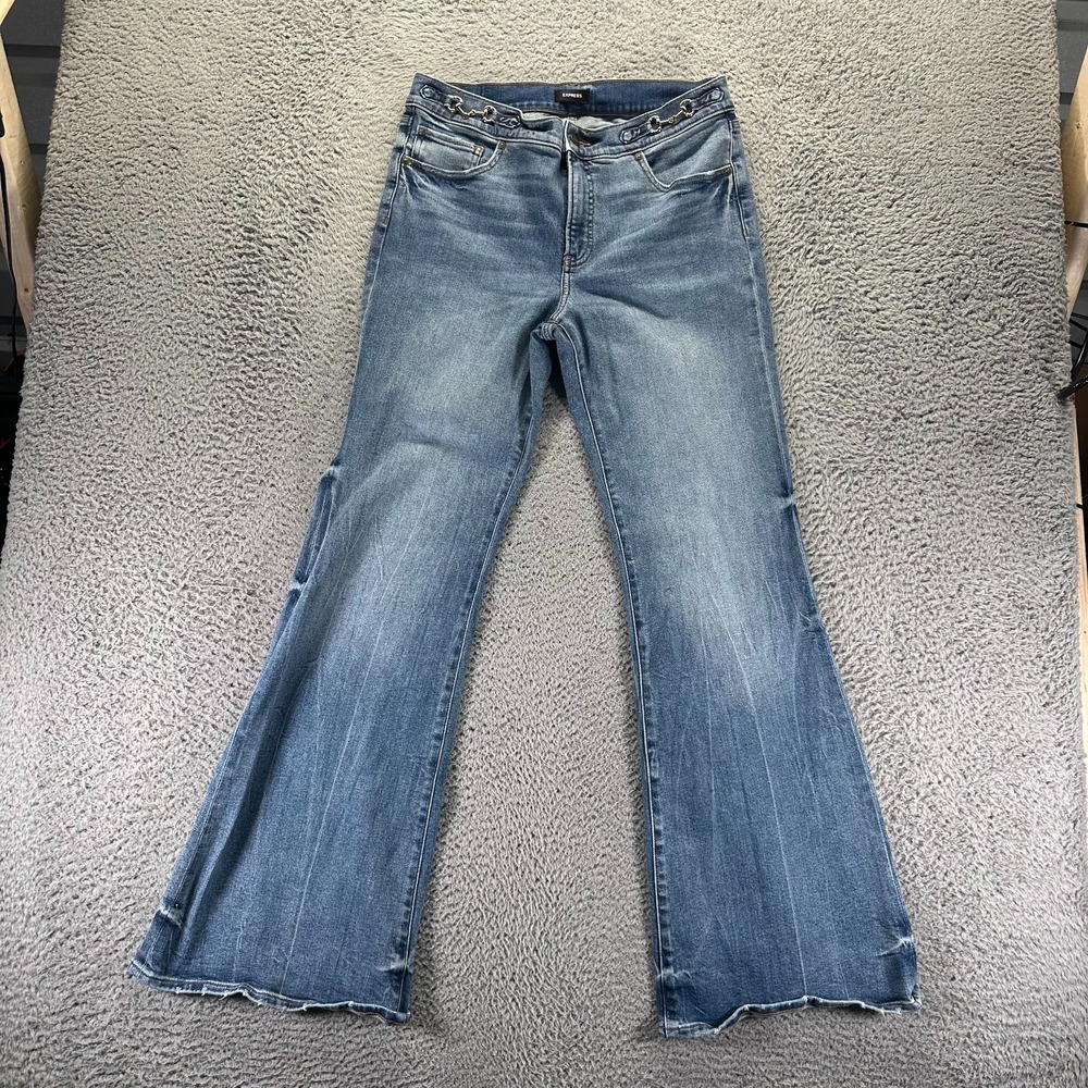 Express Jeans Womens 10 Blue Cotton Denim Flared Leg Workwear Stretch Faded 70's